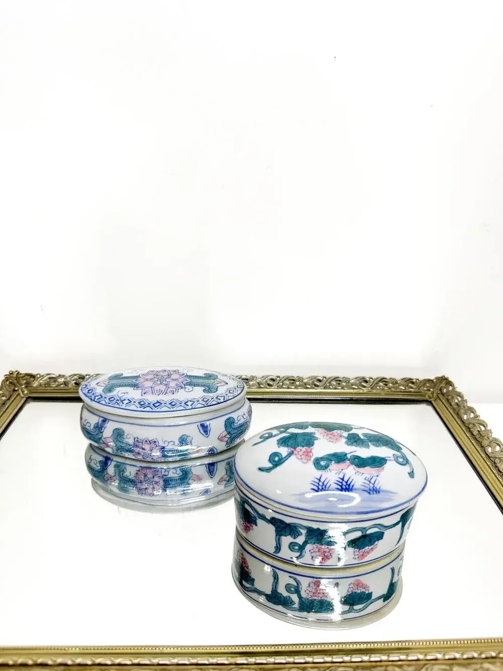 Set of Two Vintage Oval Chinese Oriental Porcelain Trinket Box/jewelry Box Kitsc